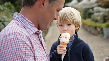 Fototapeta premium Father and Son Enjoying Ice Cream. Happy Family Bonding, Summer Treat, Parenting Joy, Childhood Memory, Outdoor Leisure.