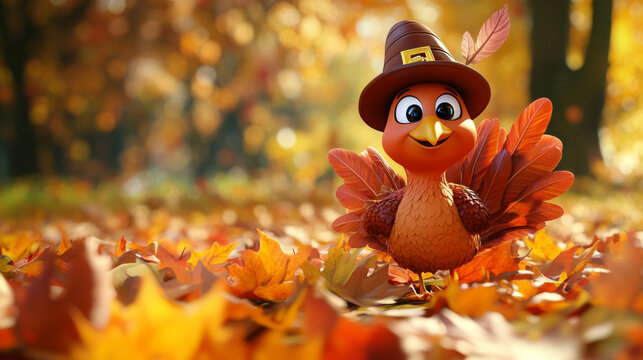 Adorable cartoon baby turkey celebrating Thanksgiving in a fall forest