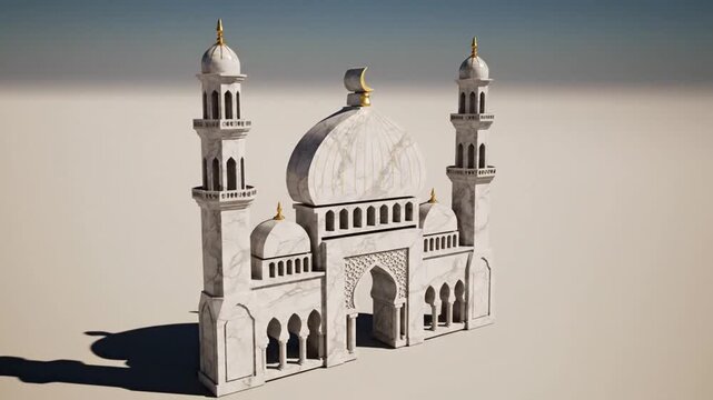 White architectural model of a mosque with detailed minarets.