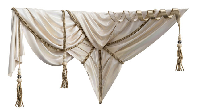 Luxurious window drapery valance with elegant silk fabric swags golden twisted ropes and decorative tassels isolated on transparent background for interior decoration professional home styling.