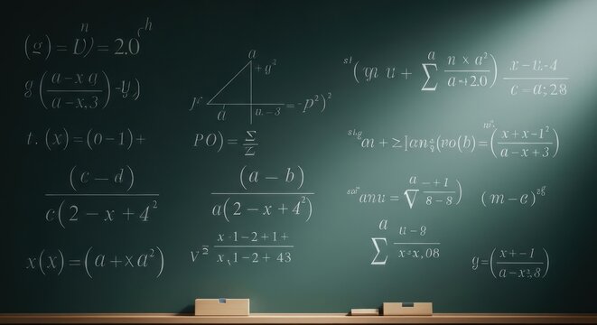 Chalkboard with Mathematical Equations and Formulas in Classroom.