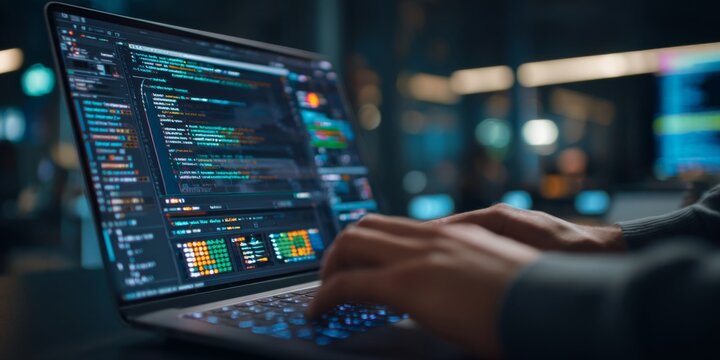 Hands on Laptop and Tablet Displaying Code and Data Visualization for Technology and Programming in Modern Digital Workspace Environment