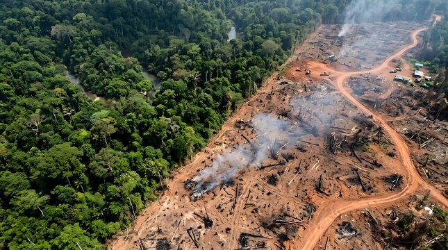 Aerial view of rainforest deforestation and burning land with deforestation
