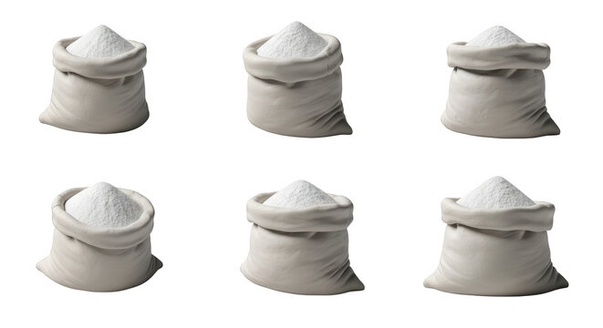 six bags of flour on white background products food and ingredients for baking culinary visuals