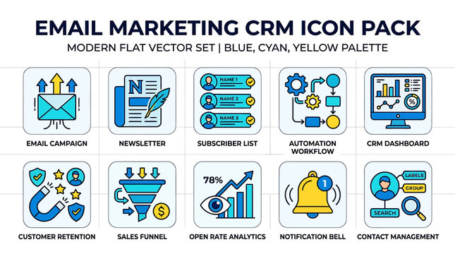 Modern Flat Email Marketing and CRM Icon Pack in Cyan, Blue, and Yellow