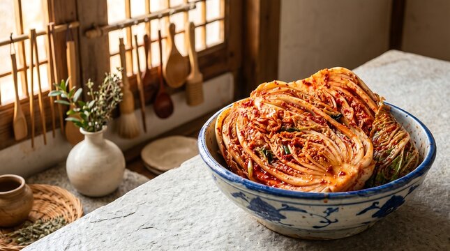 North Korean napa cabbage kimchi in a handmade blue and white ceramic bowl, with vivid bright red cabbage leaves seasoned with gochugaru chili