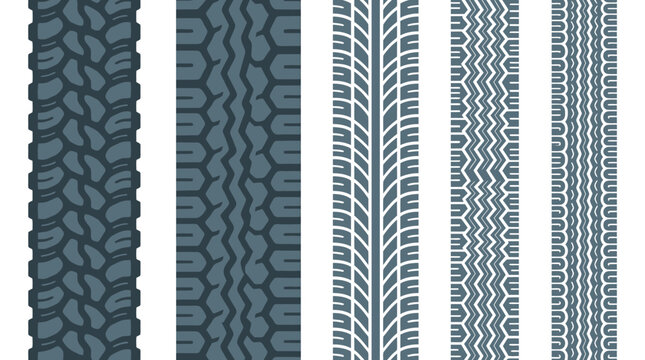 Detailed collection of five distinct tire tread patterns featuring a flat vector graphic design style