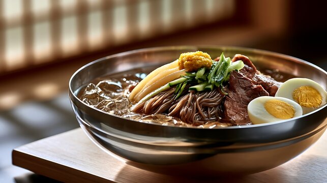 Pyongyang Naengmyeon (Korean cold noodles) served in a deep, shiny metal bowl, with clear icy broth containing ice cubes, translucent buckwheat noodles, thin slices of Korean pear