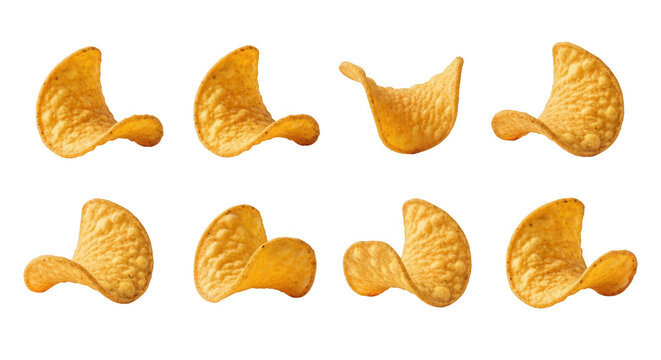 close-up of eight delicious potato chips isolated on white snack food for advertising and packaging purposes