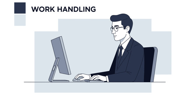 Businessman working on computer, focused and diligent office worker