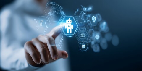 Fototapeta premium Human hand interacting with a digital interface featuring an AI robot icon and various technology symbols on a blue background