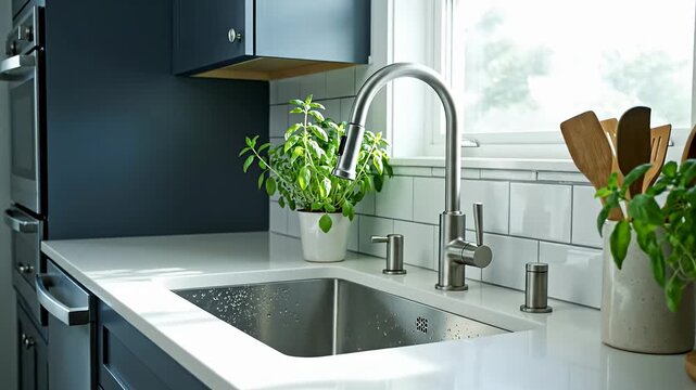 Modern kitchen sink with stainless steel faucet and white countertop.