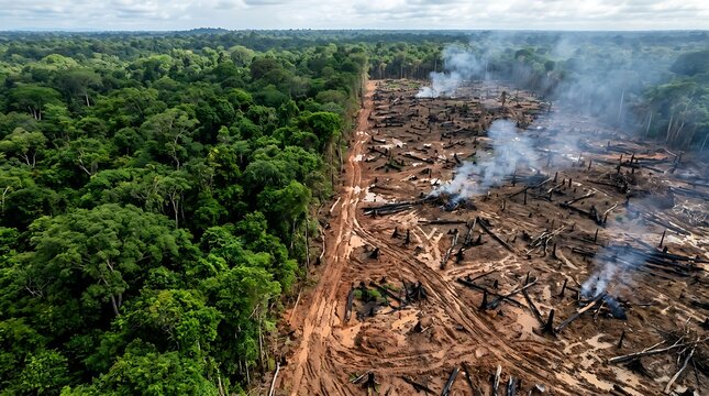 Aerial perspective of deforestation showing fire burning tropical forest