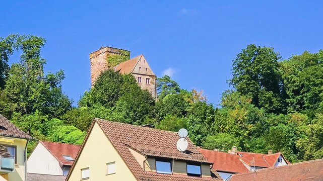 Historic hillside castle rising over red tile roofs and colorful homes, with dense summer greenery and bright blue sky in a charming German village along the Neckar River.