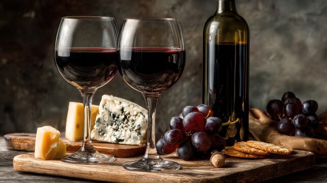 Red wine glasses with cheese board grapes and crackers on rustic wooden surface
