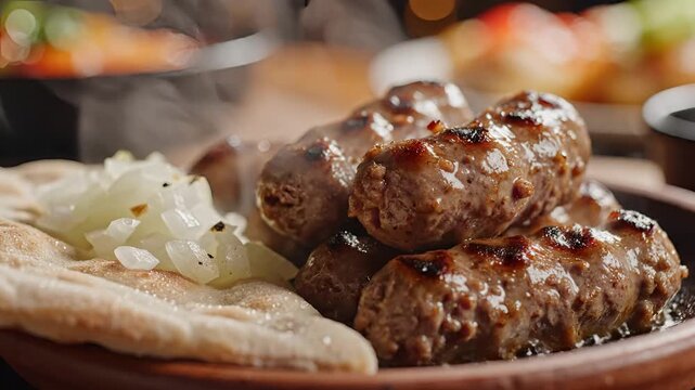 Delicious Cevapi Platter with Flatbread and Onions.