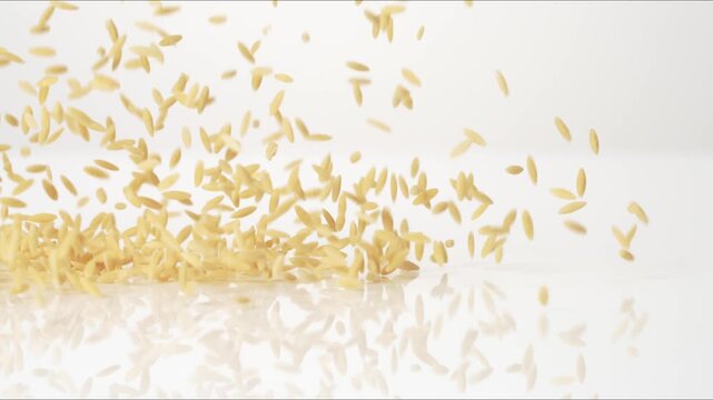 Dry uncooked Orzo? bouncing on a white tabletop in slow motion close up macro before settling.