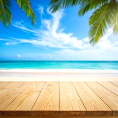 Fototapeta premium A serene beach scene with a wooden deck and palm trees