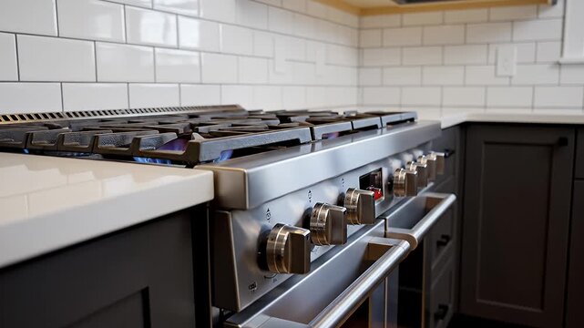 Professional stainless steel gas range knobs and detail.