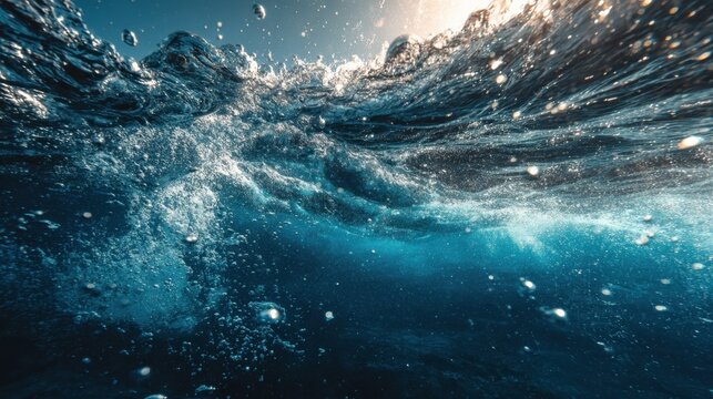 Underwater ocean wave with bubbles and sunlight breaking surface