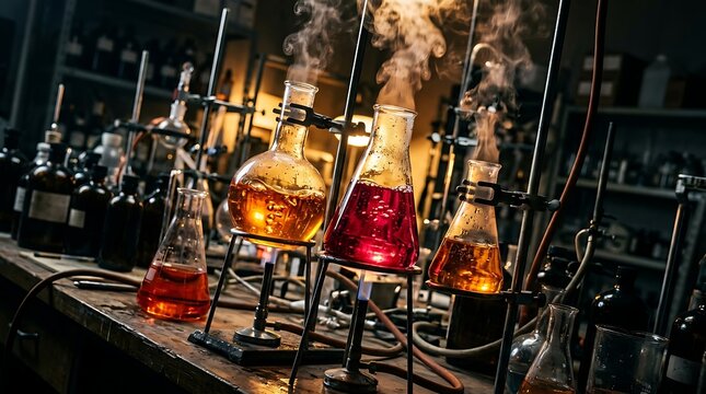 Scientific experiment with steaming chemical flasks in a dark lab