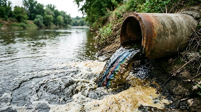 Industrial waste water discharge flowing into river from pipe with pollution