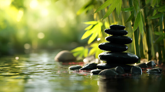 Balanced Zen Stones in Water with Bamboo Background