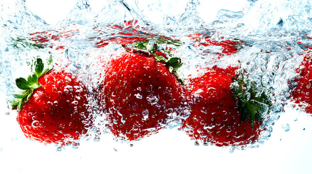  Fresh Strawberries Splashing in Water with Bubbles