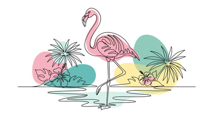 Continuous Line Drawing of a Flamingo in a Tropical Paradise © Joyo