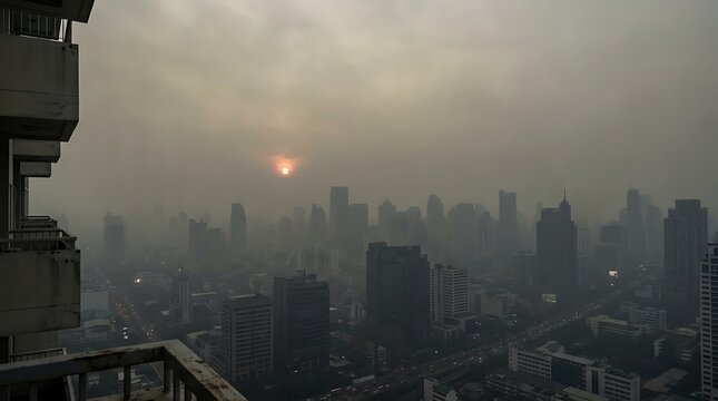Smoggy urban city skyline with sun hazy air pollution view pollution buildings