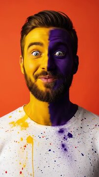 Portrait of a young Caucasian man with half yellow and half purple face paint laughing, creative artistic makeup concept for festival celebration or colorful party