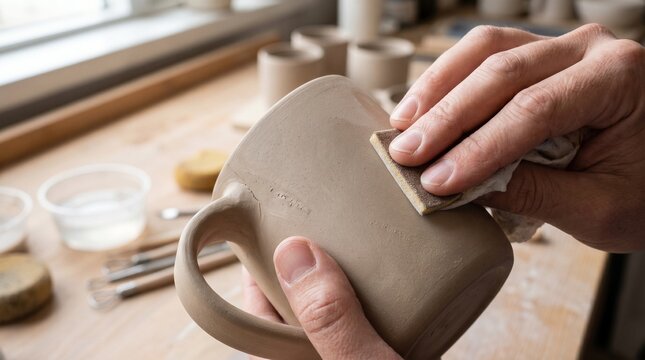 Potter sanding a handmade clay mug in their studio. Artisan hands smoothing surface of ceramic mug before final kiln firin