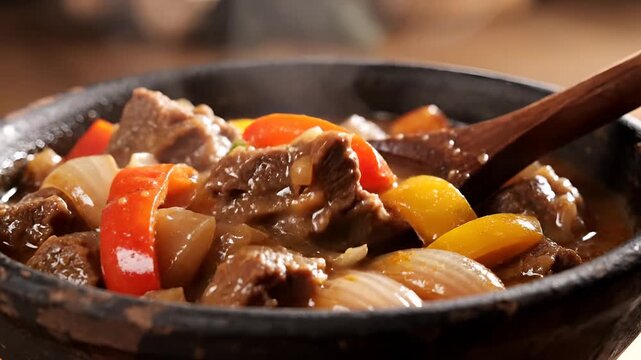 Hearty Beef Stew with Vegetables Being Served with a Wooden Spoon.
