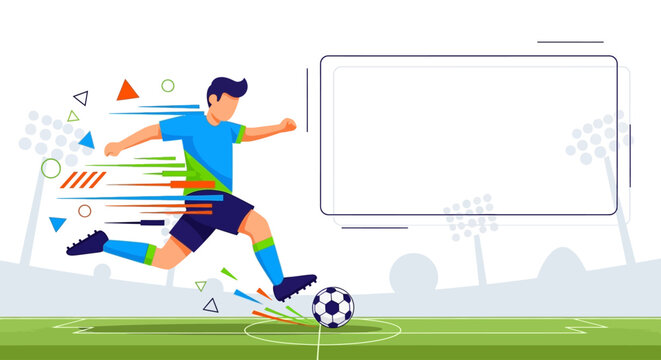 Vibrant vector illustration of an animated football player kicking a soccer ball on a green pitch, ideal for social sports campaigns and digital media