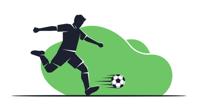 Dynamic vector illustration of a soccer player in action, kicking a ball with energy on a vibrant green background, perfect for sports themes