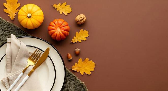 Autumn table setting with pumpkins, oak leaves, acorns, and a walnut on a brown background, top view with copy space for thanksgiving or fall holidays