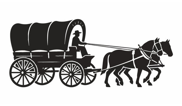 Vintage Covered Wagon with Horses and Driver Silhouette Wild West Vector
