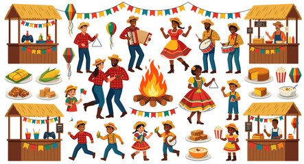 Naklejka premium Festa Junina Celebration: A vibrant collection of illustrations depicting a traditional Brazilian Festa Junina, featuring people dancing, musicians playing, food stalls, and a central bonfire.