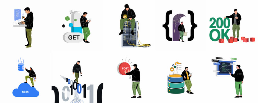A collection of flat illustrations showing a young programmer working on various software development, coding, and networking tasks in a modern style.