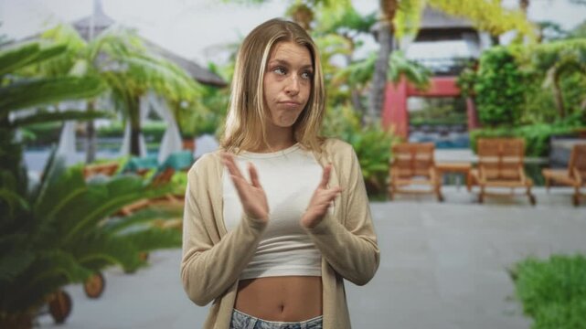 Young blonde woman clapping hands, exposed midriff visible in white crop top and cardigan by pool deck building; contemplation uncertainty.