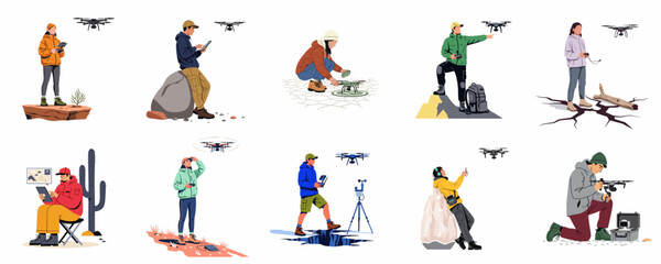 A collection of flat vector illustrations depicting people using drones for various activities in diverse outdoor environments like mountains, deserts, and arctic landscapes. © SuPra