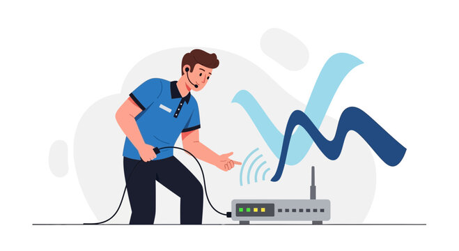 Technician setting up WiFi router, network signal, connection, troubleshooting