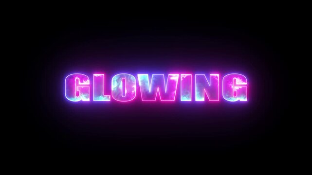 Glowing neon text with pink and blue clouds inside, against a black background a featuring the word 'glowing' rendered