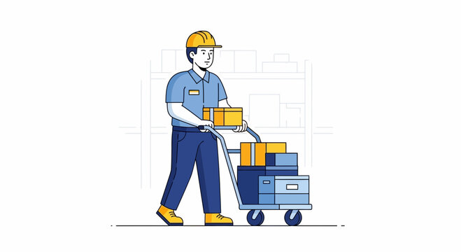 Warehouse worker moving boxes on a cart with a hard hat and uniform.