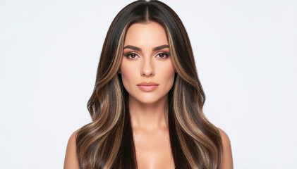 Fototapeta premium Elegant Woman with Highlighted Hair: A stunning woman with long, voluminous, highlighted brown hair, showcasing a sophisticated and glamorous look.