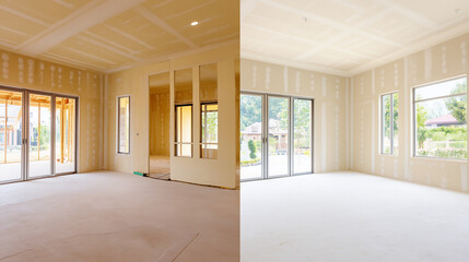 Fototapeta premium Interior renovation progress comparison, showing a simple room transformation with ambient lighting.