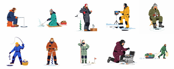 Flat Vector Illustration Set of People Engaged in Various Ice Fishing Activities and Using Winter Fishing Equipment Isolated on White Background © SuPra