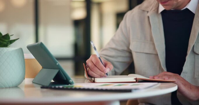 Hands, tablet and person writing in notebook for planning, agenda or financial report. Accountant, notes and digital bookkeeping with to do, data analytics or tasks for business audit and summary