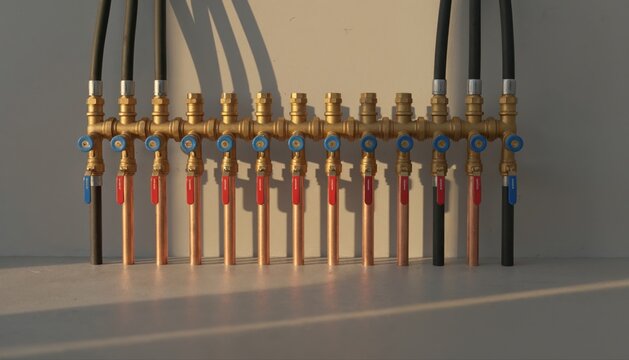 Hydronic Manifold System: A close-up view showcases a sophisticated hydronic manifold system with multiple copper pipes, brass valves, and black hoses.