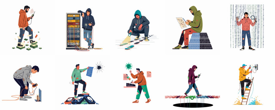 Set of flat vector illustrations depicting various cybercriminal activities, hackers, data breaches, and digital security threats in a modern conceptual style.